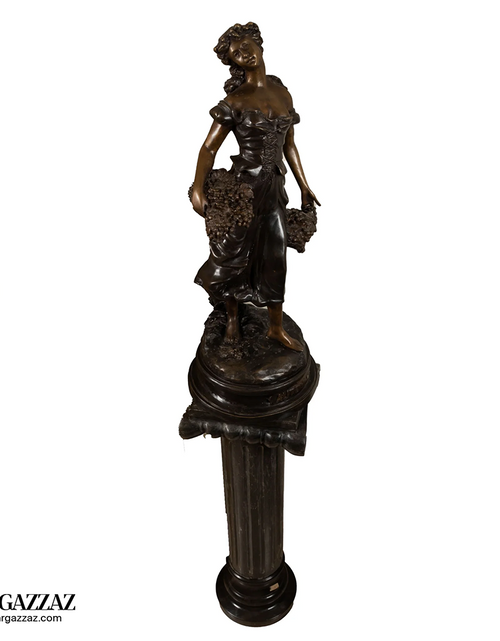 Load image into Gallery viewer, Harvest Time Girl  bronze italian classic sculpture beautiful statue of a young girl out picking flowers on marble column
