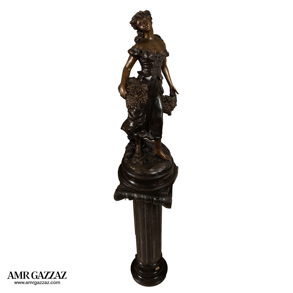 Harvest Time Girl  bronze italian classic sculpture beautiful statue of a young girl out picking flowers on marble column