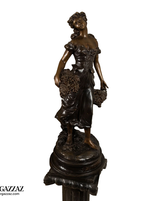 Load image into Gallery viewer, Harvest Time Girl  bronze italian classic sculpture beautiful statue of a young girl out picking flowers on marble column
