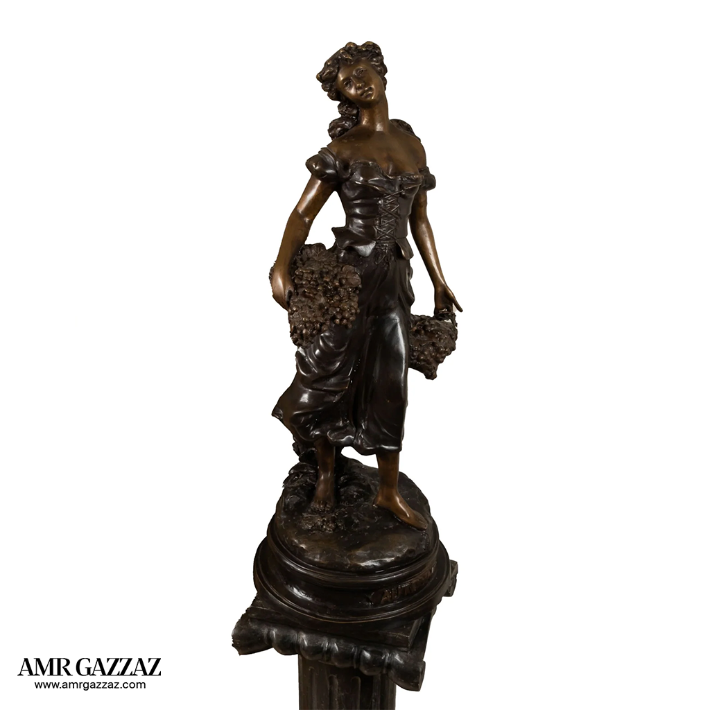 Harvest Time Girl  bronze italian classic sculpture beautiful statue of a young girl out picking flowers on marble column