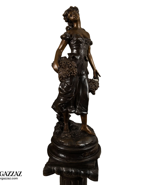 Load image into Gallery viewer, Harvest Time Girl  bronze italian classic sculpture beautiful statue of a young girl out picking flowers on marble column

