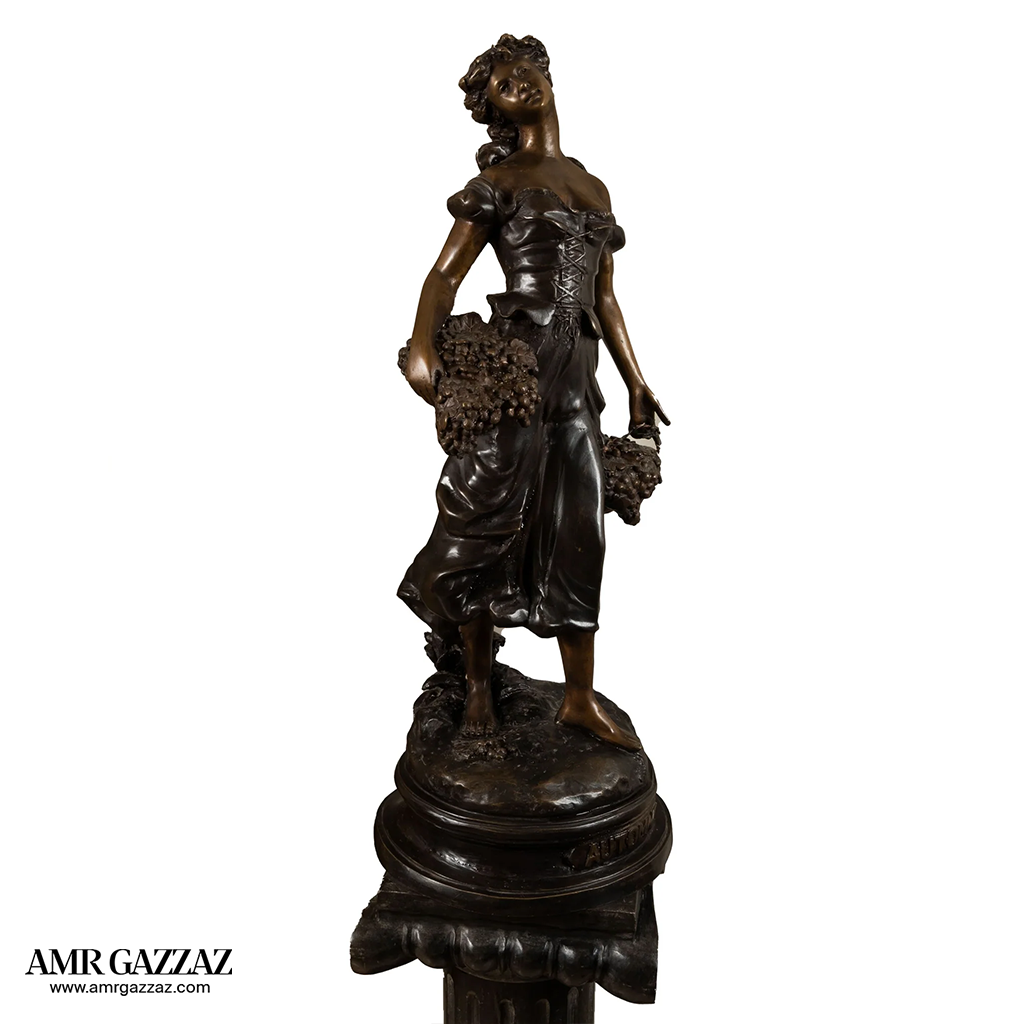 Harvest Time Girl  bronze italian classic sculpture beautiful statue of a young girl out picking flowers on marble column