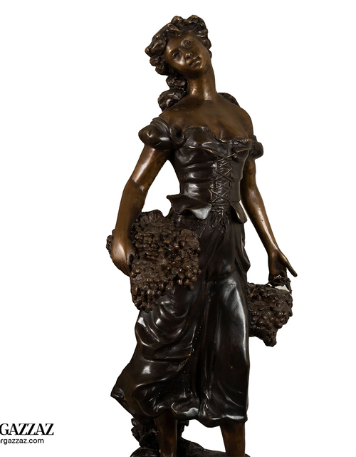 Load image into Gallery viewer, Harvest Time Girl  bronze italian classic sculpture beautiful statue of a young girl out picking flowers on marble column
