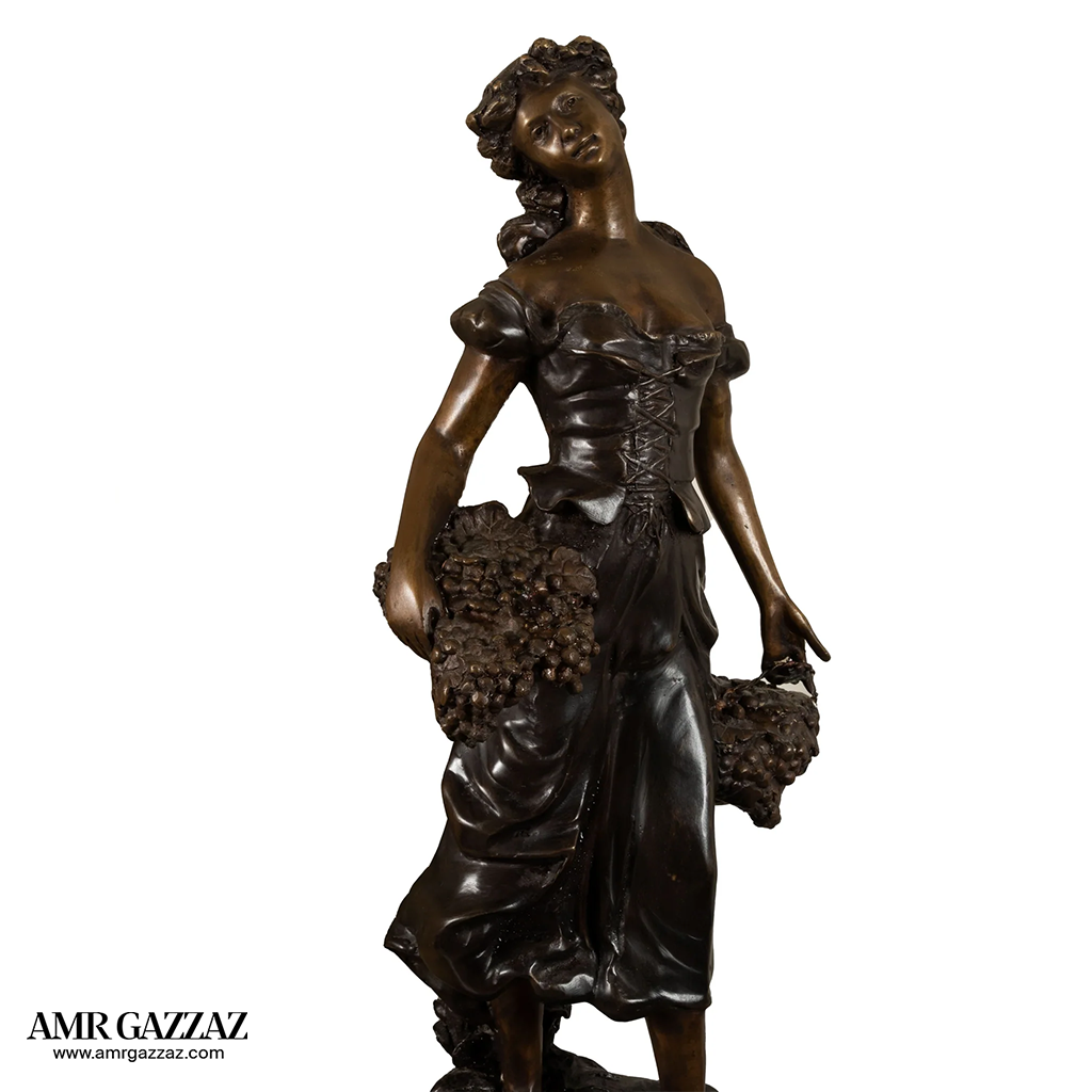 Harvest Time Girl  bronze italian classic sculpture beautiful statue of a young girl out picking flowers on marble column