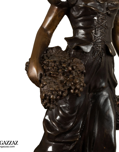Load image into Gallery viewer, Harvest Time Girl  bronze italian classic sculpture beautiful statue of a young girl out picking flowers on marble column
