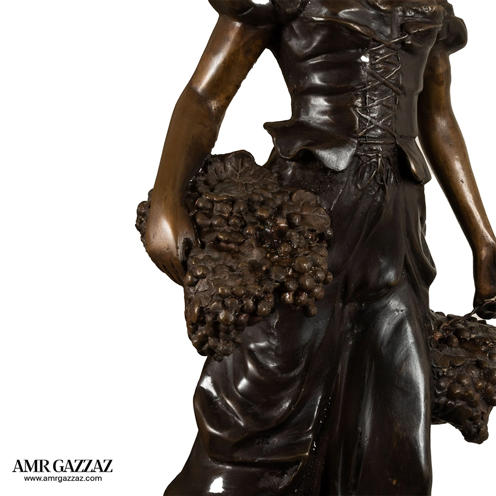 Harvest Time Girl  bronze italian classic sculpture beautiful statue of a young girl out picking flowers on marble column