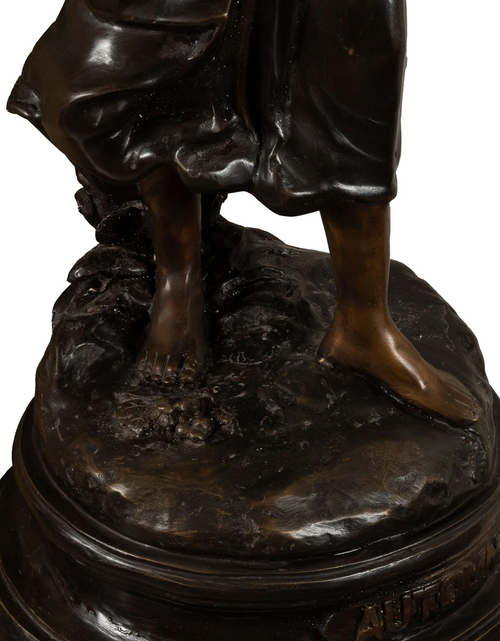 Load image into Gallery viewer, Harvest Time Girl  bronze italian classic sculpture beautiful statue of a young girl out picking flowers on marble column
