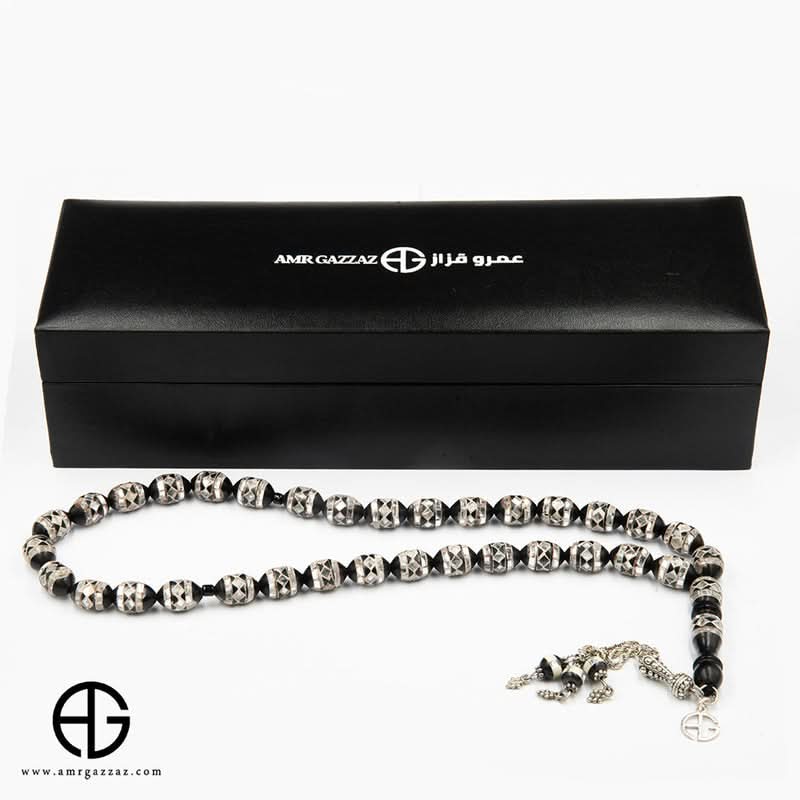 مسبحة صلاة من حجر كوك، 10 مم، مطعمة بالعاج والمرايا السوداء