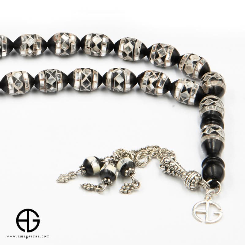 مسبحة صلاة من حجر كوك، 10 مم، مطعمة بالعاج والمرايا السوداء