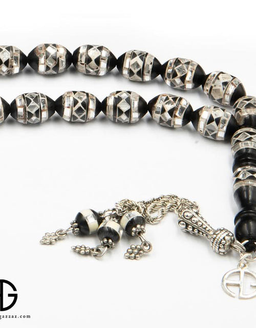 تحميل الصورة إلى عارض المعرض، مسبحة صلاة من حجر كوك، 10 مم، مطعمة بالعاج والمرايا السوداء
