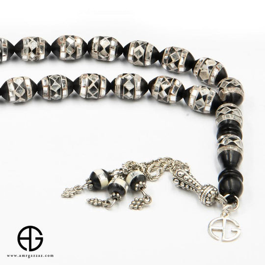 مسبحة صلاة من حجر كوك، 10 مم، مطعمة بالعاج والمرايا السوداء