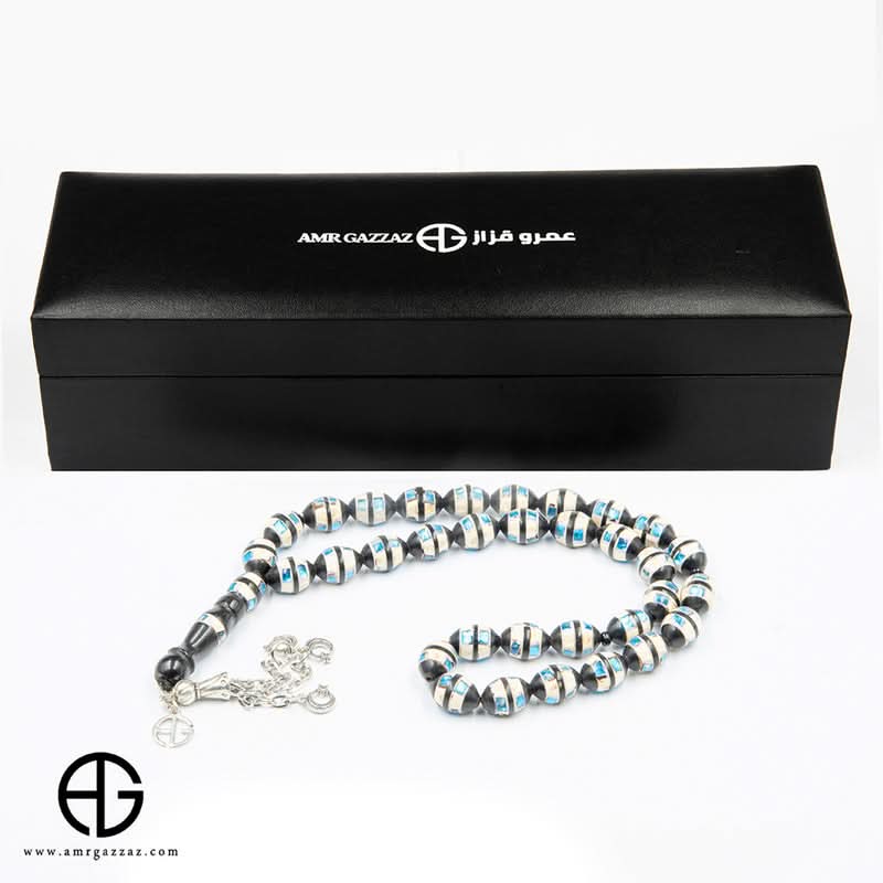 Kauk Stone Prayer Beads, 10Mm, Inlaid With Ivory And Blue Mirrors