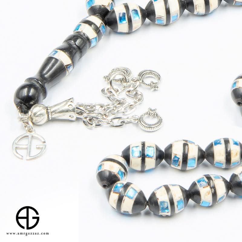 Kauk Stone Prayer Beads, 10Mm, Inlaid With Ivory And Blue Mirrors