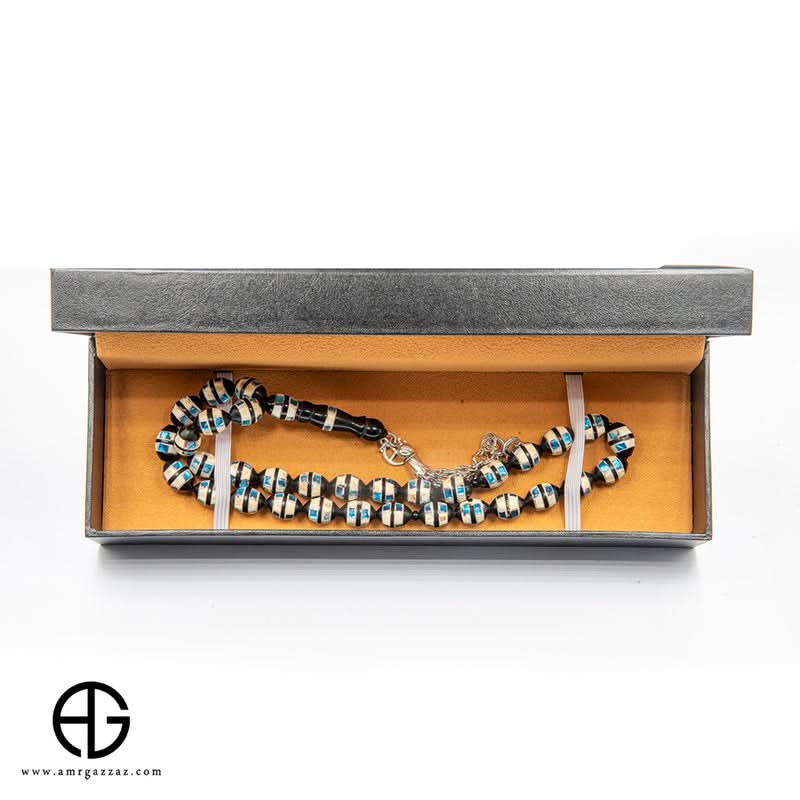 Kauk Stone Prayer Beads, 10Mm, Inlaid With Ivory And Blue Mirrors