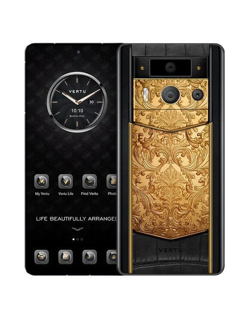 Load image into Gallery viewer, METAVERTU 2 LUXURY CUSTOM-MADE GOLDEN CARVED FLORAL DECORATION WITH ALLIGATOR SKIN WEB3 AI PHONE – BLACK
