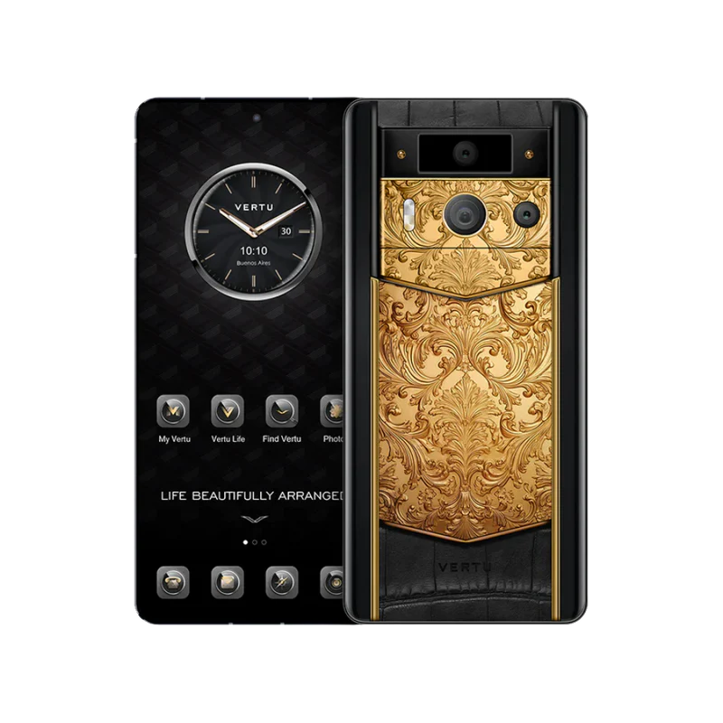 METAVERTU 2 LUXURY CUSTOM-MADE GOLDEN CARVED FLORAL DECORATION WITH ALLIGATOR SKIN WEB3 AI PHONE – BLACK