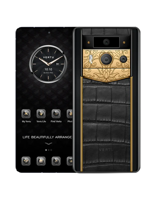 Load image into Gallery viewer, METAVERTU 2 LUXURY CUSTOM-MADE GOLDEN LOTUS WHISPER WITH ALLIGATOR SKIN WEB3 AI PHONE – BLACK
