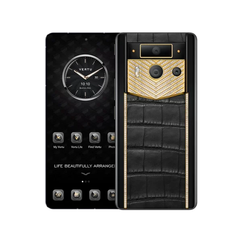 Load image into Gallery viewer, METAVERTU 2 LUXURY CUSTOM-MADE GOLD V-SHAPED WITH DIAMONDS ALLIGATOR SKIN WEB3 AI PHONE – BLACK
