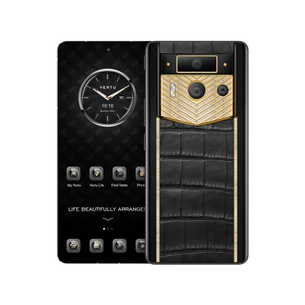 METAVERTU 2 LUXURY CUSTOM-MADE GOLD V-SHAPED WITH DIAMONDS ALLIGATOR SKIN WEB3 AI PHONE – BLACK