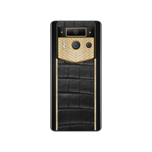 Load image into Gallery viewer, METAVERTU 2 LUXURY CUSTOM-MADE GOLD V-SHAPED WITH DIAMONDS ALLIGATOR SKIN WEB3 AI PHONE – BLACK
