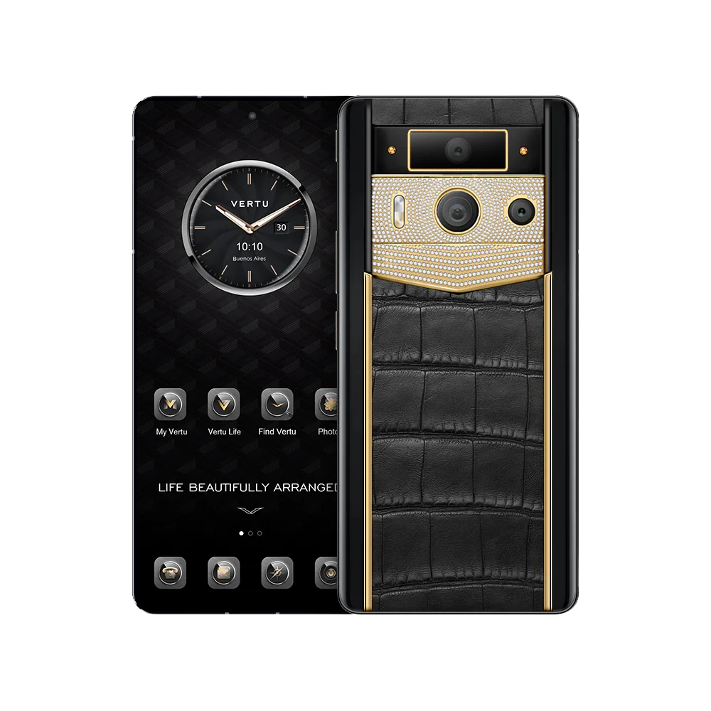 METAVERTU 2 LUXURY CUSTOM-MADE GOLD PLAIN WEAVE WITH DIAMOND ALLIGATOR SKIN WEB3 AI PHONE – BLACK