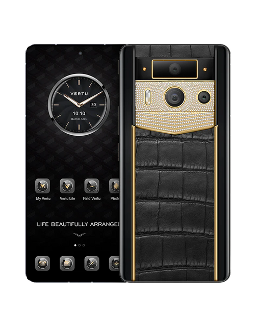 Load image into Gallery viewer, METAVERTU 2 LUXURY CUSTOM-MADE GOLD PLAIN WEAVE WITH DIAMOND ALLIGATOR SKIN WEB3 AI PHONE – BLACK
