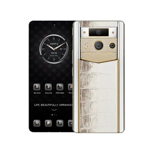 Load image into Gallery viewer, METAVERTU 2 LUXURY CUSTOM-MADE GOLD PLAIN WEAVE WITH DIAMOND HIMALAYA ALLIGATOR SKIN WEB3 AI PHONE – WHITE
