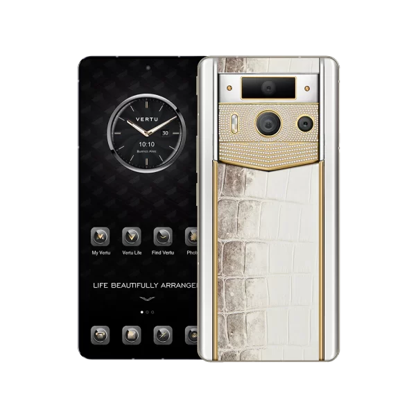 METAVERTU 2 LUXURY CUSTOM-MADE GOLD PLAIN WEAVE WITH DIAMOND HIMALAYA ALLIGATOR SKIN WEB3 AI PHONE – WHITE