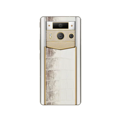 Load image into Gallery viewer, METAVERTU 2 LUXURY CUSTOM-MADE GOLD PLAIN WEAVE WITH DIAMOND HIMALAYA ALLIGATOR SKIN WEB3 AI PHONE – WHITE
