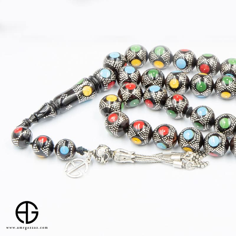 Kauk Stone Prayer Beads Inlaid With Silver, Amber, And Turquoise, 8Mm