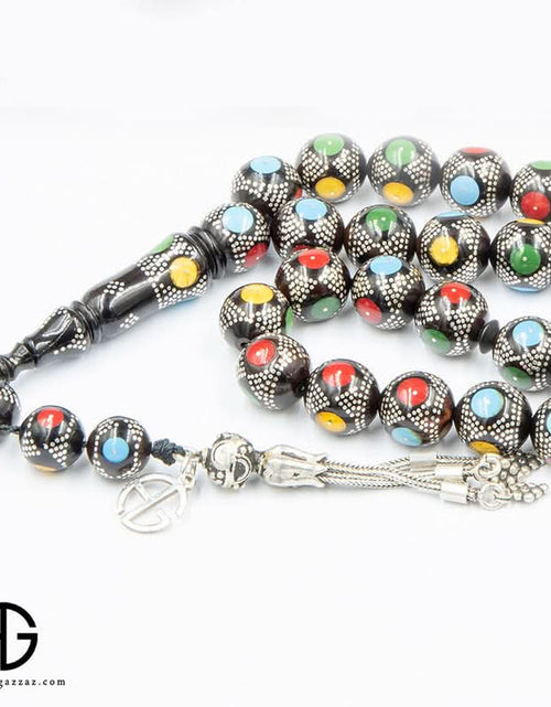 Load image into Gallery viewer, Kauk Stone Prayer Beads Inlaid With Silver, Amber, And Turquoise, 8Mm
