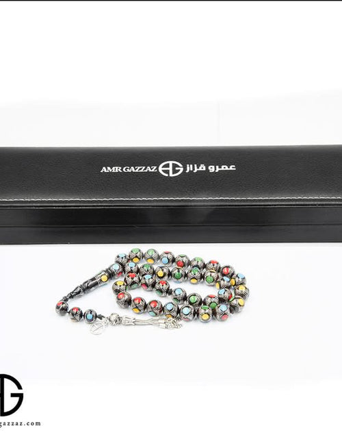 Load image into Gallery viewer, Kauk Stone Prayer Beads Inlaid With Silver, Amber, And Turquoise, 8Mm
