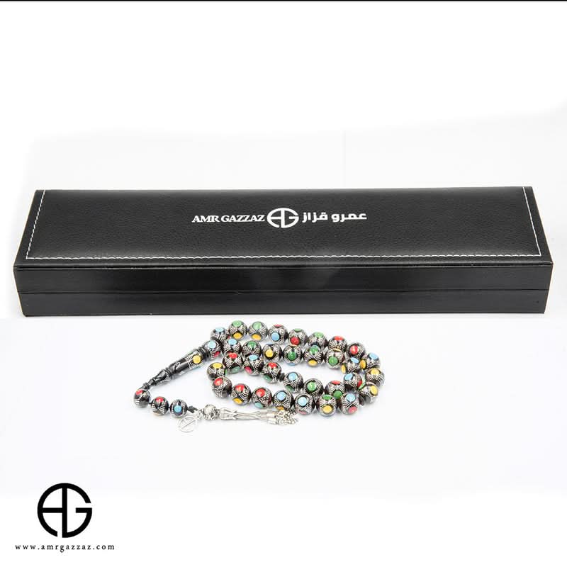 Kauk Stone Prayer Beads Inlaid With Silver, Amber, And Turquoise, 8Mm