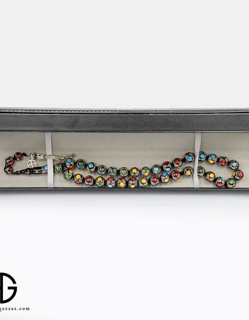 Load image into Gallery viewer, Kauk Stone Prayer Beads Inlaid With Silver, Amber, And Turquoise, 8Mm
