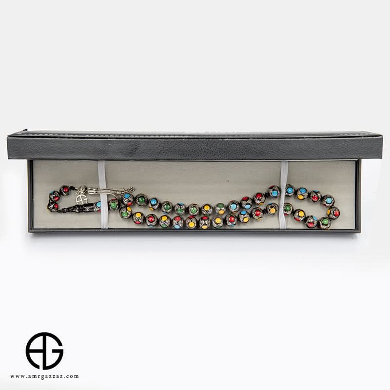 Kauk Stone Prayer Beads Inlaid With Silver, Amber, And Turquoise, 8Mm