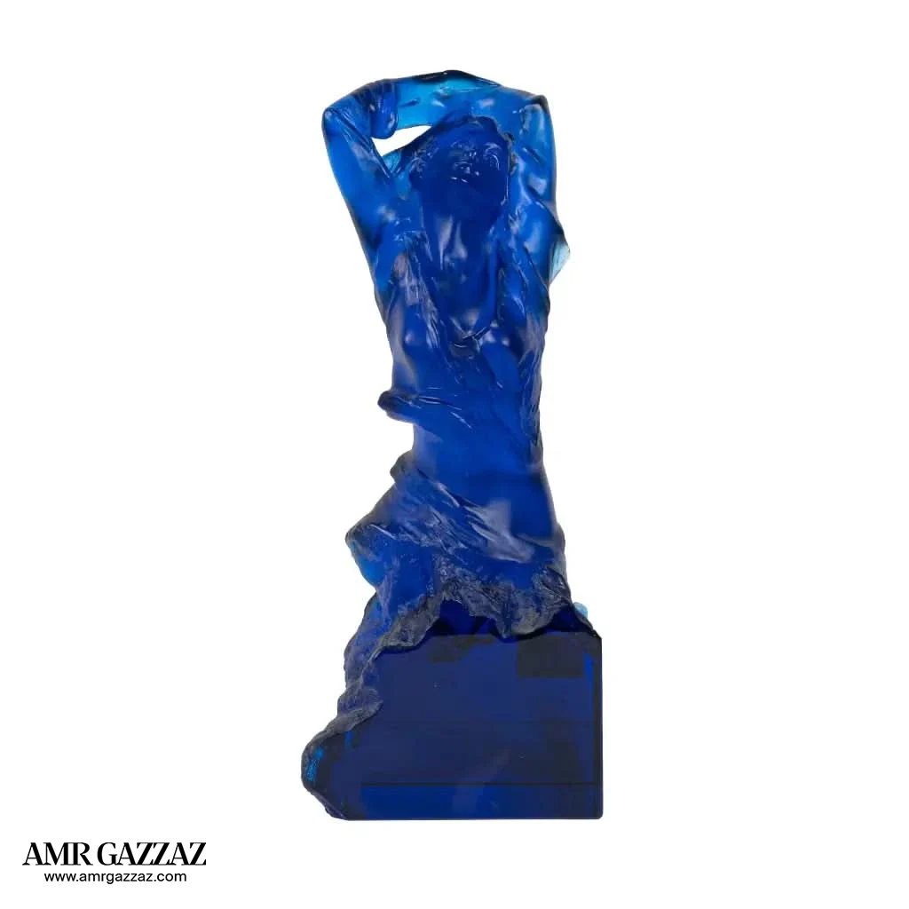 A PATE-DE-VERRE FEMALE GLASS SCULPTURE blue
