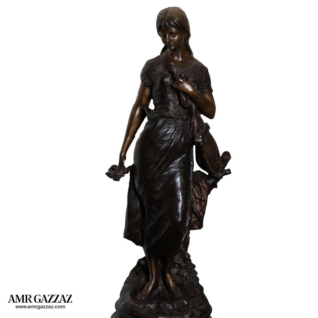 A girl from the Roman era Beautiful classic Italian bronze statue of a young girl from the Roman era on a marble column