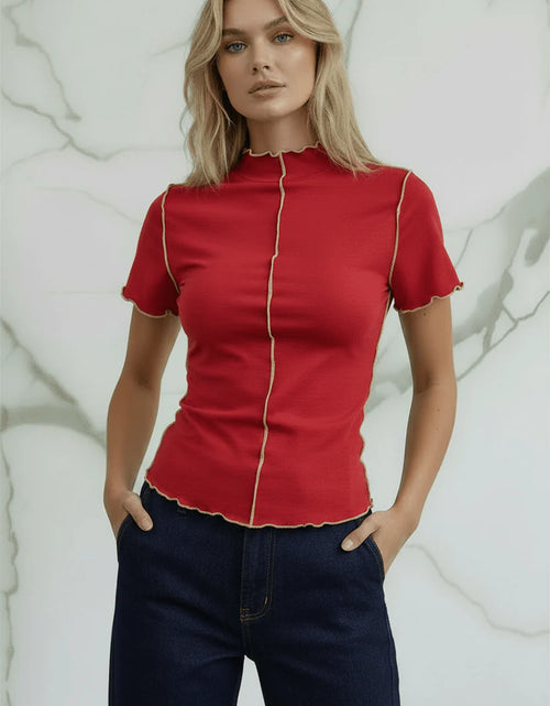 Load image into Gallery viewer, Evorin Women's Red Embroidered Mock Neck T-Shirt
