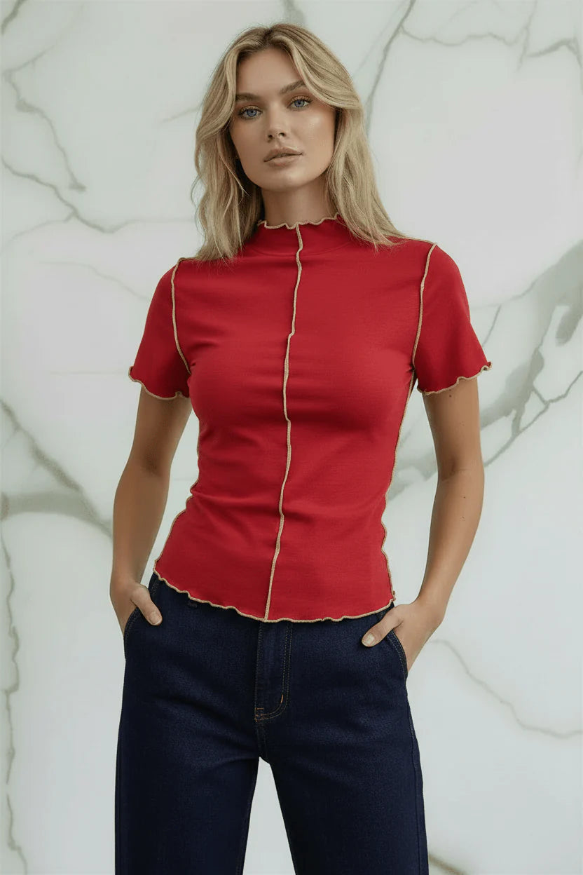 Evorin Women's Red Embroidered Mock Neck T-Shirt