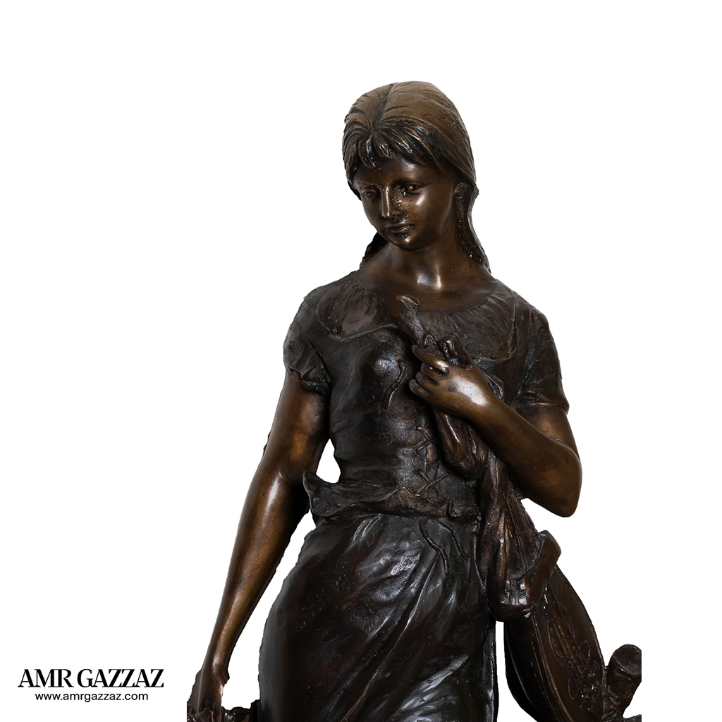 A girl from the Roman era Beautiful classic Italian bronze statue of a young girl from the Roman era on a marble column