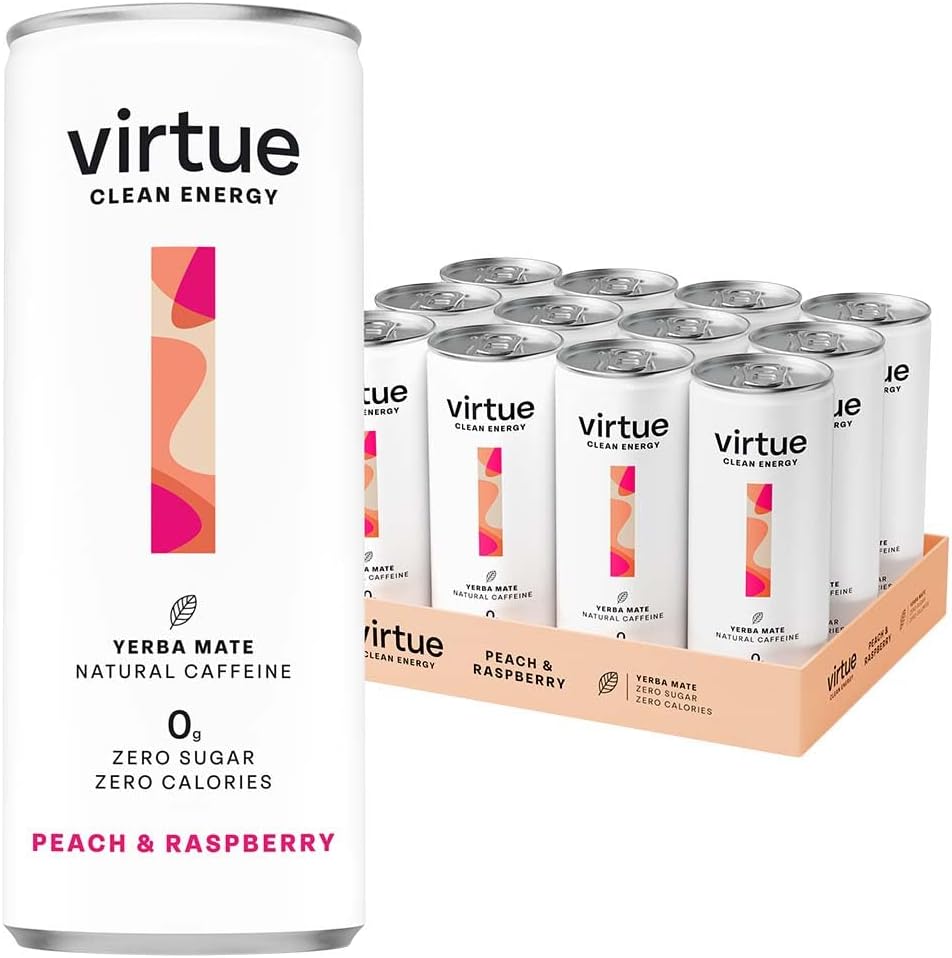 Virtue Yerba Mate - Natural Energy Drink - Sugar Free, Zero Calories, Vegan, Keto Friendly, Gluten Free - 12 x 250ml (Peach & Raspberry) Peach & Raspberry