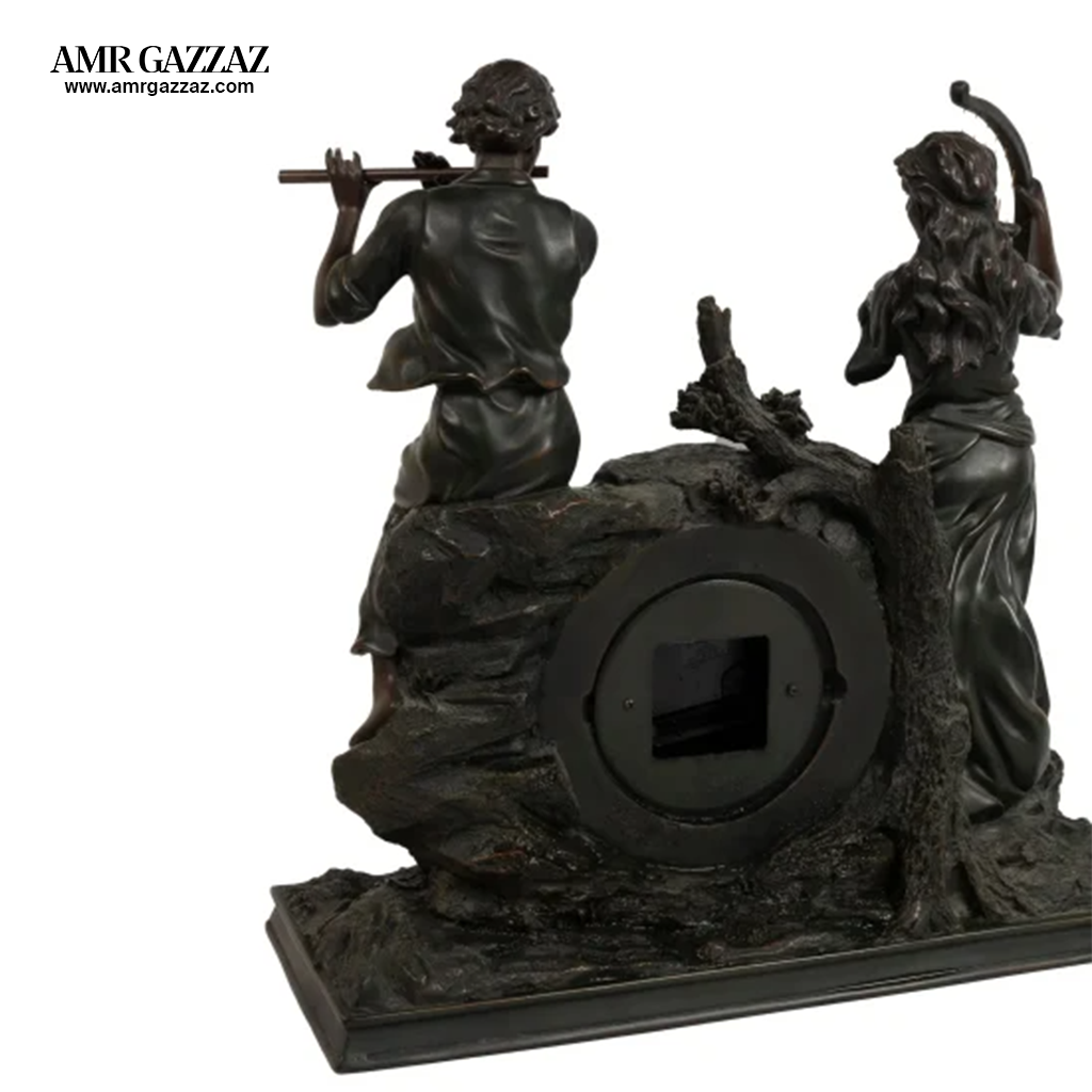 italian centerpiece of hand made wooden status with clock