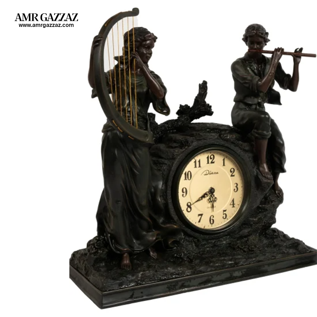 italian centerpiece of hand made wooden status with clock