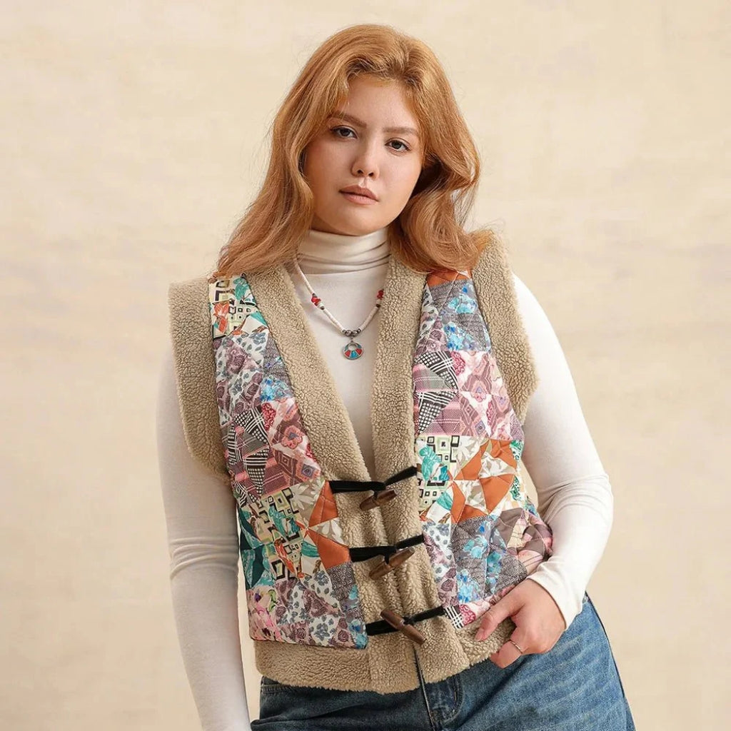 Ivorynn Plus Size Sherpa Vest – Boho Patchwork Sleeveless Jacket with Toggle Buttons