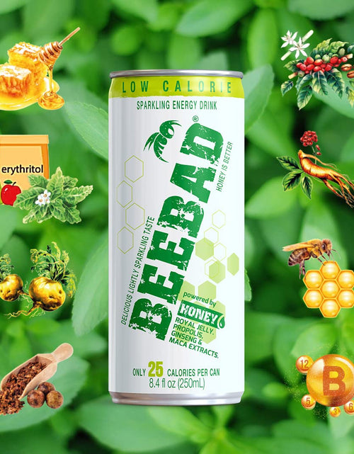 Load image into Gallery viewer, BEEBAD Sparkling Low Calorie Natural Energy Drink Powered by Honey, Royal Jelly,Propolis, Ginseng, &amp; Maca Extracts 12 Count Low Calorie
