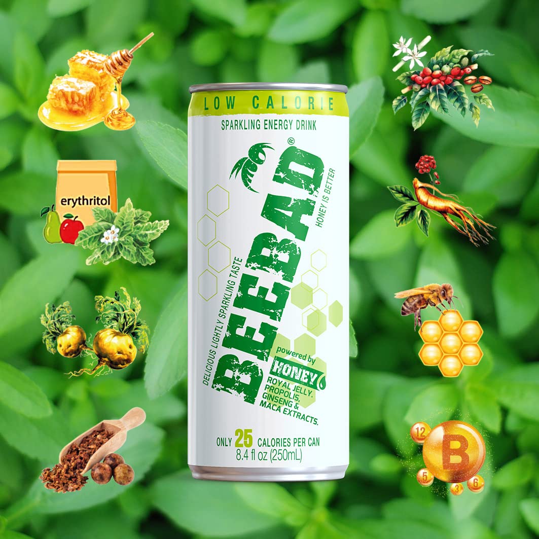 BEEBAD Sparkling Low Calorie Natural Energy Drink Powered by Honey, Royal Jelly,Propolis, Ginseng, & Maca Extracts 12 Count Low Calorie