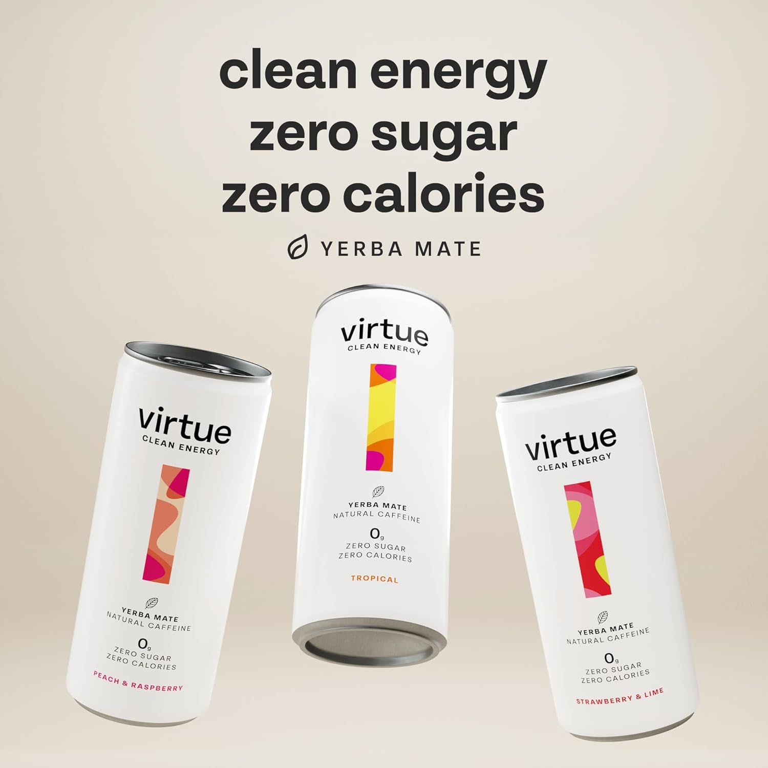 Virtue Clean Energy Mixed Pack - 12 x Yerba Mate Natural Energy Drinks - Sugar Free, Zero Calories, Vegan (12 x 250ml) [Strawberry & Lime, Tropical, Peach & Raspberry]