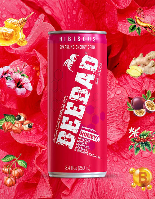 تحميل الصورة إلى عارض المعرض، BEEBAD Natural Hibiscus Sparkling Energy Drink Powered by Honey Guarana, Acerola &amp; Ginseng, 12 Count Hibiscus
