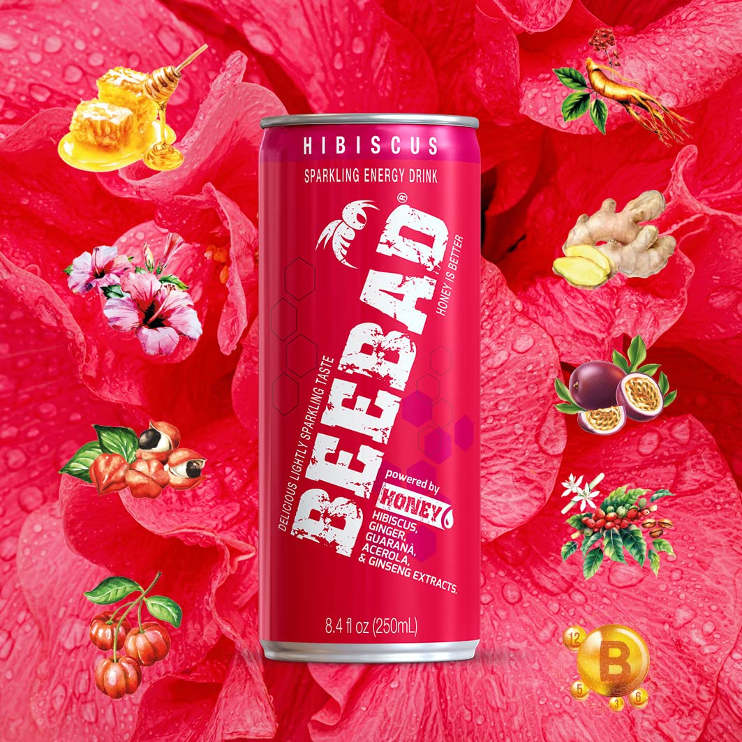 BEEBAD Natural Hibiscus Sparkling Energy Drink Powered by Honey Guarana, Acerola & Ginseng, 12 Count Hibiscus