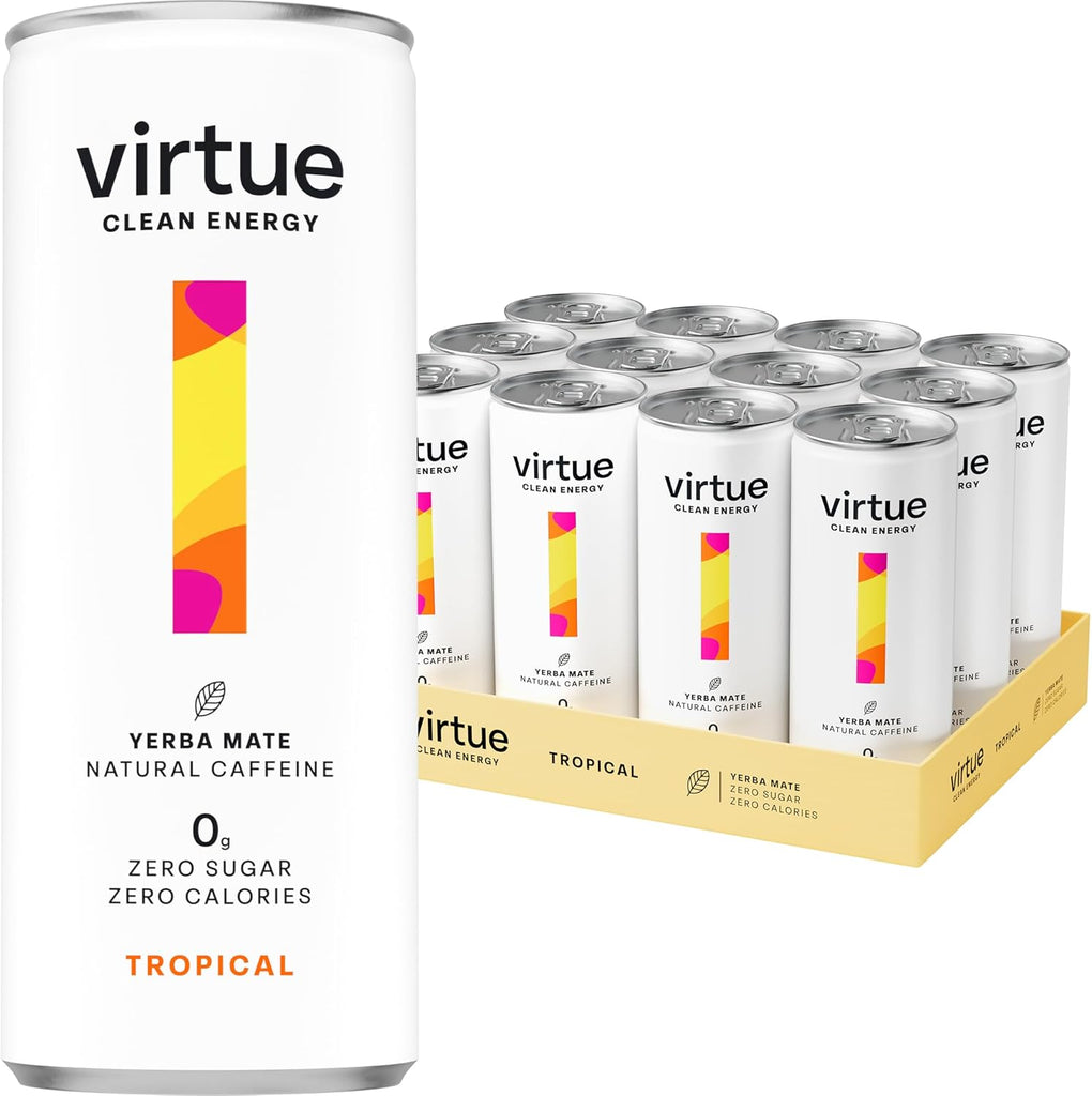 Virtue Yerba Mate - Natural Energy Drink - Sugar Free, Zero Calories, Vegan, Keto Friendly, Gluten Free - 12 x 250ml (Tropical) Tropical